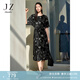 玖姿·安娜蔻優(yōu)雅通勤手繪線條印花醋酸收腰連衣裙女2025夏季新款 花黑 S