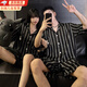 CEENIU情侶睡衣女夏季冰絲薄款短袖短褲開衫青少年男士家居服套裝可外穿 情侶睡衣男款【條紋小狗】 XL