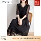 ZXEGI高檔重磅桑蠶絲100%連衣裙女夏季時尚黑色重工刺繡真絲裙子女 黑色 2XL （121-135斤）