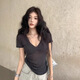 微光里高級感純欲夏季辣妹風薄款微透性感V領T恤女時尚洋氣鎖骨短袖上衣 【灰色M/80-100】