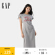 Gap女裝2025夏季新款純棉印花logo收腰抽褶開(kāi)叉短袖連衣裙764855 淺灰 XL (175/92A) 亞洲尺碼