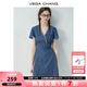 VEGA CHANG牛仔連衣裙女2025新款夏季小個(gè)子V領(lǐng)蕾絲花邊顯瘦度假風(fēng)收腰短裙 海灣藍(lán)(短款) L