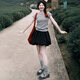 PMOG休閑運動套裝女夏季2025新款正肩短袖短裙甜美少女減齡兩件套 灰色上衣+短裙【兩件套】 L 【建議108-120斤】