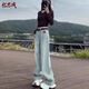 憶思減牛仔褲2025年新款女春秋淺色水洗顯瘦闊腿褲直筒寬松拖地褲子長(zhǎng)褲 淺藍(lán)長(zhǎng)褲/無(wú)腰帶【高品質(zhì)】 M 建議96-105斤