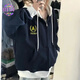 OTST美式復(fù)古拼接撞色連帽開衫衛(wèi)衣女春秋寬松oversize學(xué)院風(fēng)百搭外套 藏青色 S (60-85斤)