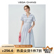 VEGA CHANG藍(lán)色連衣裙女2025新款夏季翻領(lǐng)褶皺修身收腰大裙擺長(zhǎng)裙 湖水藍(lán) S