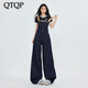 QTQP韓版寬松氣質(zhì)休閑闊腿褲女2025春秋季新款減齡疊穿連體背帶牛仔褲 深藍(lán)色 【加長】 M