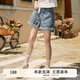 紫涵（ZIHAN）紫涵刺繡復(fù)古牛仔短褲女夏季新款高腰寬松顯瘦闊腿卷邊五分褲 淺牛仔藍(lán) S