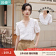 茵曼（INMAN）花邊純色v領(lǐng)襯衫女裝2025夏季新品泡泡袖短袖上衣 珍珠白 L