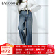 LAGOGO抓絨直筒寬松牛仔褲女拉谷谷2024年冬季新款微彈闊腿褲子 深牛仔藍(N2) XL