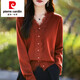 皮爾卡丹（pierre cardin）V領(lǐng)蕾絲花邊紅色針織開衫女秋裝2025年新款洋氣媽媽上衣毛衣外套 復(fù)古紅 M 【90-108斤穿】