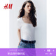 H&M女裝正肩女T恤秋季時(shí)尚復(fù)古修身辣妹方領(lǐng)上衣1171543 白色014 L 170/104