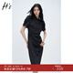 H's立領(lǐng)提花旗袍裙夏季新品女裝國風(fēng)盤扣抽褶改良新中式連衣裙子 黑色 M