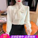 歐貝汐v領(lǐng)蝴蝶結襯衫女2025新款春秋冬氣質(zhì)內搭感蕾絲打底衫上衣 杏色 M