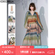 COCOBELLA[赤霞橘光]手繪彩虹條紋飄逸長袖連衣裙套裝FR7045 赤霞橘光(含吊帶裙+腰帶) L