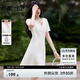 尚都比拉圓型V領(lǐng)白色短袖連衣裙女夏季小個(gè)子修身顯瘦A字裙立裁中短裙