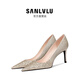 SANLVLU/珠海 金色水晶鞋高級宴會羊皮高跟鞋拍婚紗照訂婚紗鞋儀式感單鞋 砂礫金/8cm（送牛皮包+pink禮盒） 37