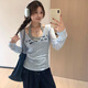 妙奕嘉長袖t恤女夏季女裝2025年新款t恤衫女士潮流顯瘦遮肚子上衣高級感 t恤兩件套【藍色罩衫+灰色背心】 M