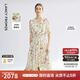 朗姿桑蠶絲v領(lǐng)高腰a字碎花裙2025年夏季新款高級感氣質(zhì)中長(cháng)連衣裙 米白色 M