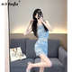 她芙（tafu）品牌女裝小香風(fēng)連衣裙女2025夏季新款粗花呢顯瘦無(wú)袖掛脖套裝短裙 藍色 L