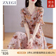 ZXEGI收腰顯瘦100%桑蠶絲真絲連衣裙夏季新款時(shí)尚印花韓版高端A字裙女 粉色 2XL （116-125斤）
