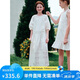 ELLE KIDS夏季女童度假風松弛圓領插肩燈籠半袖休閑棉布繡花連衣裙長裙