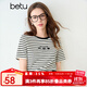 百圖betu女裝2025夏季新款T恤撞色領(lǐng)邊意趣圖案條紋棉感短袖女2503X05 黑白條 M