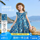 ASK JUNIOR兒童純棉裙子夏女大童飛袖連衣裙青少年碎花裙荷葉邊 藍(lán)色  160 
