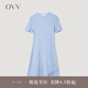 OVV2023春夏新款女裝彈力修身A型傘裝不對(duì)稱(chēng)短袖U領(lǐng)針織裙 藍(lán)灰鑲拼09 M