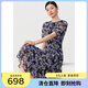 敦奴（DUNNU）2025夏新款圓領(lǐng)泡泡袖中長(zhǎng)款印花雪紡連衣裙 正黑色 M