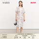 AMII2025夏新款圓領(lǐng)水墨印花壓褶連袖雪紡連衣裙女法式度假風裙子 米灰 XL 170/92A