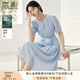 香影藍色天絲連衣裙女2025夏季新款萊賽爾收腰系帶圓領(lǐng)泡泡袖裙子 藍色 L 165/88A/110-125斤