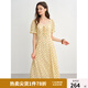 獨束大碼女裝法式蕾絲拼接碎花連衣裙2025夏裝優(yōu)雅修身中長款裙子 柑橘黃 2XL （尺碼：4）