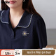 MsShe【珠地棉刺繡針織polo衫短袖T恤】大碼女裝2025夏裝胖mm上衣 T恤-藏青藍色現(xiàn)貨 5XL