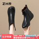 ZHR頭層牛皮女靴秋冬厚底增高短靴女簡約百搭靴子女 S399 黑色 35 