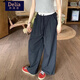 矜持范休閑褲女2025夏季韓版新款高腰寬松休閑直筒拖地褲子夏季女 黑色 M