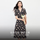 熙世界（sllsky）法式茶歇V領(lǐng)碎花連衣裙2025夏季新款獨特漂亮泡泡袖長(cháng)裙 黑底粉花 L