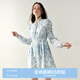 樂(lè)町蕾絲拼接長(zhǎng)袖碎花裙度假風(fēng)V領(lǐng)藍(lán)碎花雪紡連衣裙 藍(lán)印花(現(xiàn)貨) L