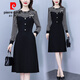 皮爾卡丹（pierre cardin）2026秋季新款韓版中年媽媽減齡顯瘦假兩件條紋拼接圓領(lǐng)長(cháng)袖連衣裙 黑色 XL