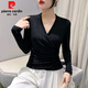 皮爾卡丹（pierre cardin）歐貨性感交叉V領(lǐng)T恤女長(cháng)袖2025秋季新款洋氣修身上衣設計感打底衫 黑色 3XL