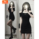 婍妡純欲辣妹連衣裙女夏季新款掛脖吊帶裙收腰修身顯瘦一字領(lǐng)包臀短裙 Black/黑色連衣 S _建議85斤內