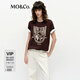 MO&Co.新中式T恤2025春新品《喜上眉梢》植絨印花短袖MBE1TEE020 松露紅色 XS
