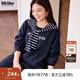 MsShe【披肩衛衣套裝】大碼女裝2025秋季胖mm條紋刺繡上衣半身裙 【衛衣＋半身裙】藏青藍色現貨 2XL