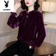 花花公子金絲絨襯衫女設計感小眾2025春季新款法式復古韓版寬松打底衫上衣 紫色 XL 【建議115-130】