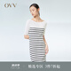 OVV2023春夏新款女裝天絲精紡羊毛混紡條紋短袖針織連衣裙 米白條紋05 M