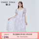 糖力【商場(chǎng)同款】夏新款泡泡短袖歐根紗印花連衣裙女中長(zhǎng)款 紫粉印花 M