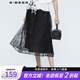 S.DEER夏季圣迪奧女裝優(yōu)雅系帶收腰網(wǎng)紗繡花黑色傘裙長裙S21261115 黑色/91 M 165