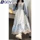 DGOV夏季溫柔風(fēng)甜美蕾絲花邊拼接碎花連衣裙女學(xué)生小清新長裙子兩件套 藍(lán)蕾絲碎花裙+外搭【兩件】  S 建議80-95斤