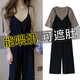 瑞彼麗哺乳期外出衣服夏季辣媽套裝遮肚子寬松喂奶上衣T恤+背帶褲兩件套 卡其色哺乳套裝【胸前橫開拉鏈】 XL碼 123-138斤