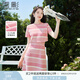 香影假兩件條紋連衣裙女2025夏季新款休閑顯瘦短袖小個子t恤裙子 粉紅 M